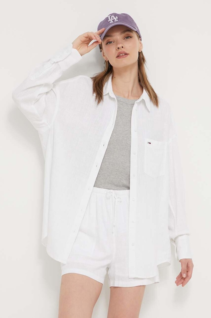 Tommy Jeans koszula z domieszką lnu klasyczny biały DW0DW17987