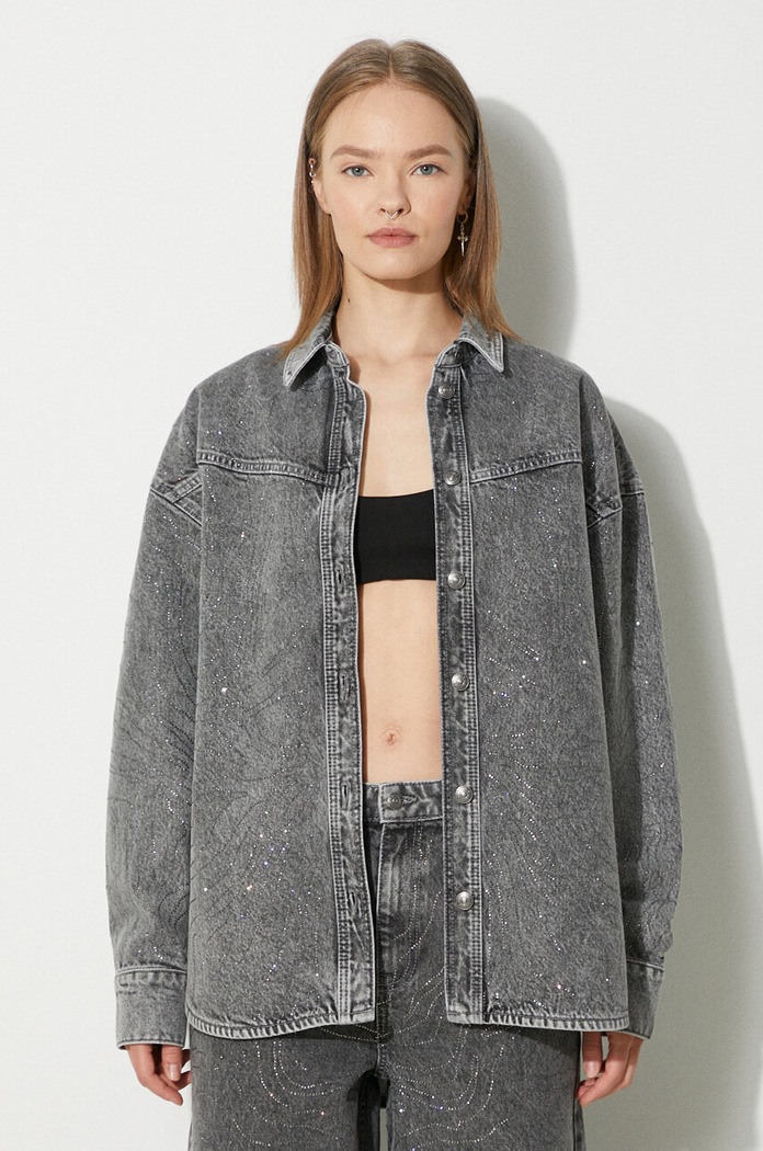 Džínová košile Rotate Rhinestone Denim Shirt dlouhý šedá 113014D06