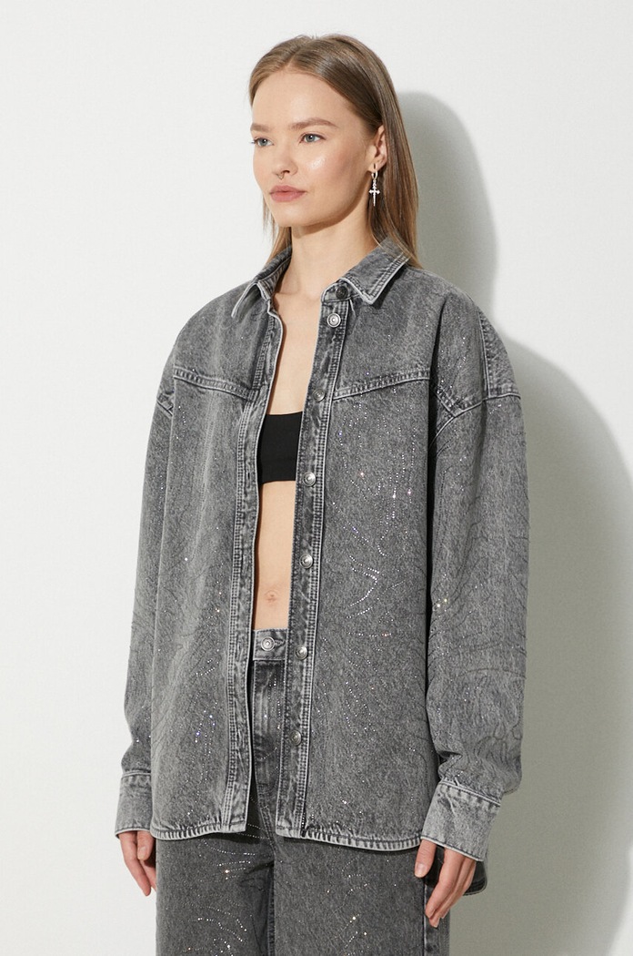 Džínová košile Rotate Rhinestone Denim Shirt šedá 113014D06