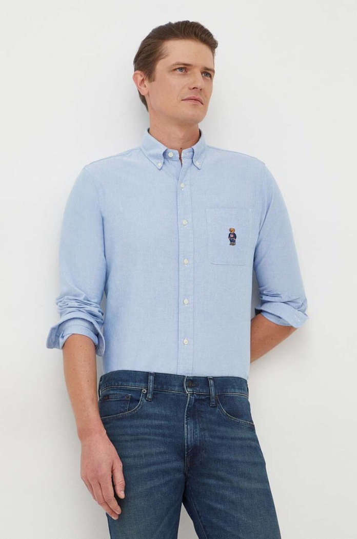 Βαμβακερό πουκάμισο Polo Ralph Lauren μακρύ μπλε 710928917