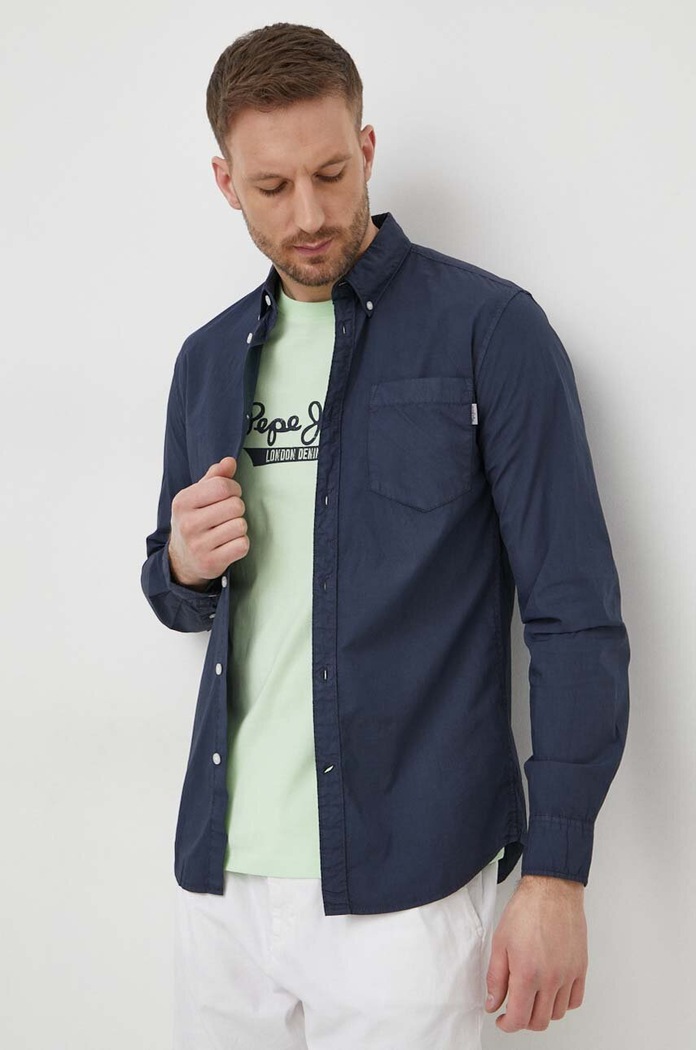 Βαμβακερό πουκάμισο Pepe Jeans Prince PRINCE μακρύ σκούρο μπλε PM308270