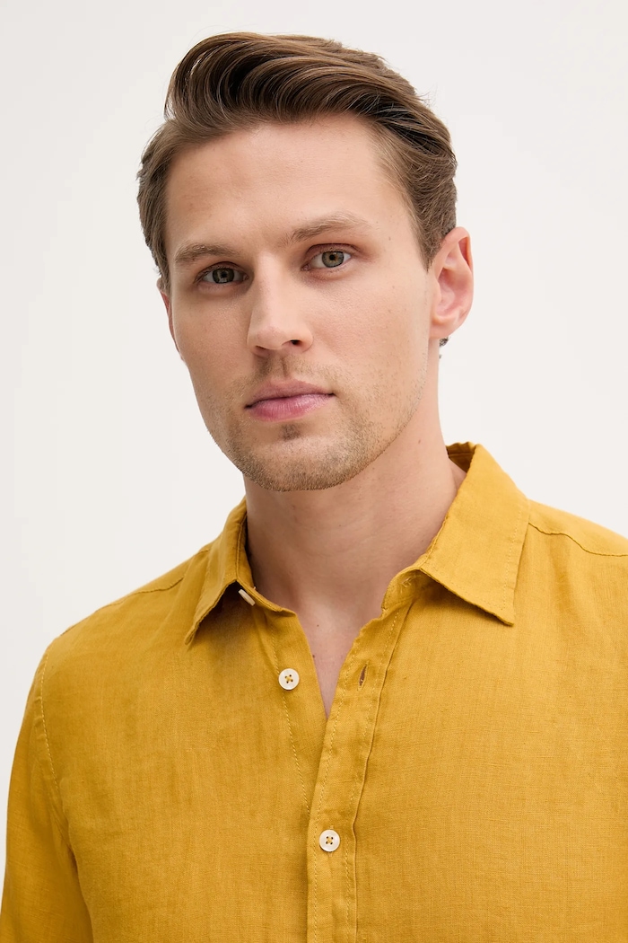 United Colors of Benetton srajca moška lanena rumena 5BKU5QJG8