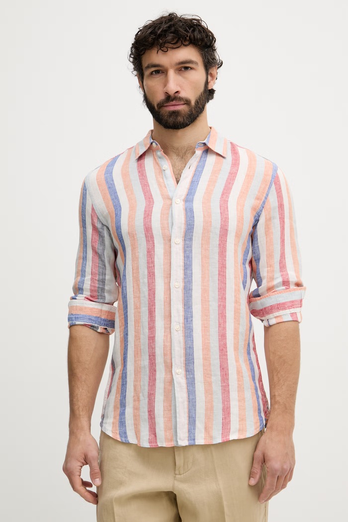 United Colors of Benetton πουκάμισο ανδρικό λινό πορτοκαλί 5BKU5QJG8