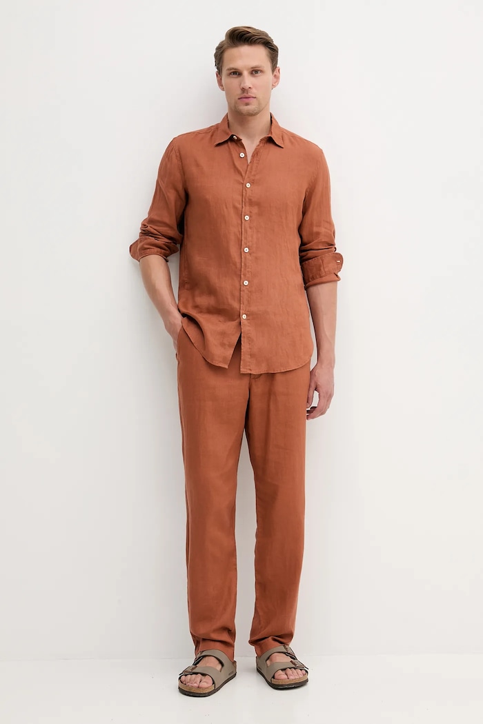 United Colors of Benetton srajca moška lanena 5BKU5QJG8 oranžna AA00