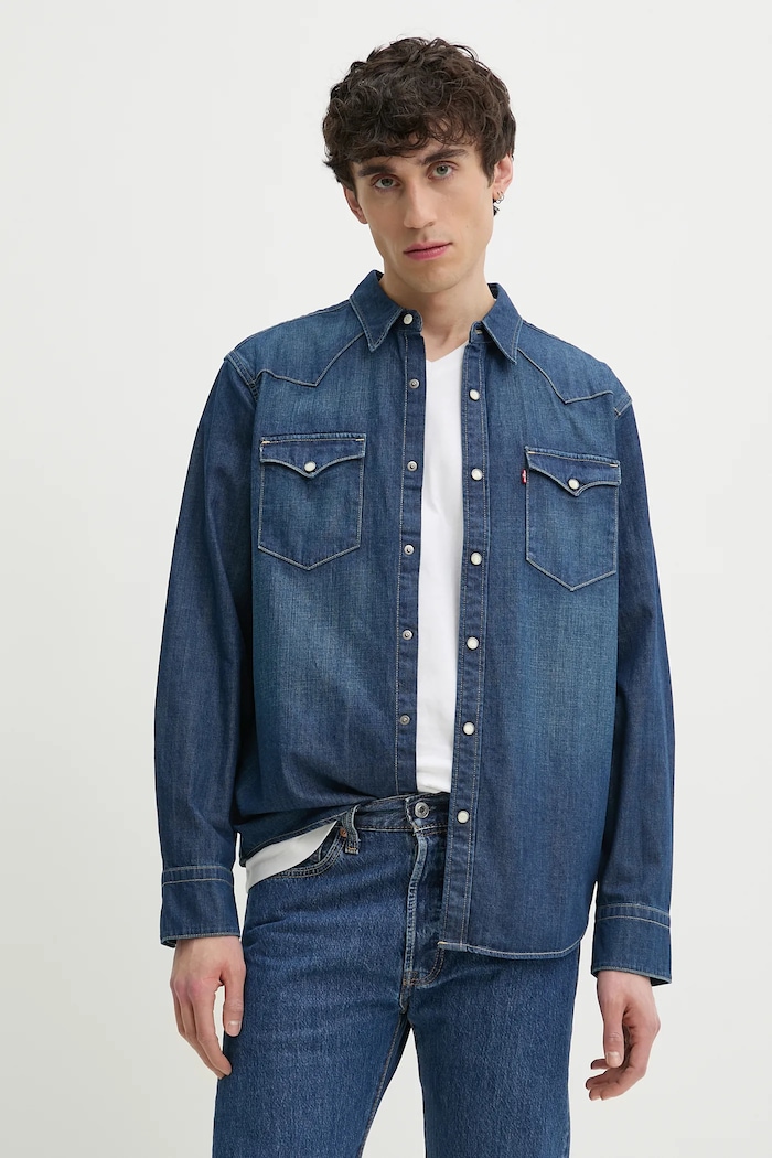 Bavlnená košeľa Levi's jednofarebný tmavomodrá 85744