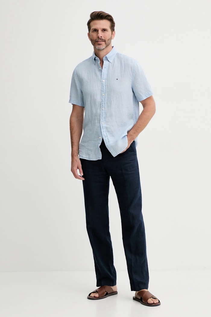 Lněná košile Tommy Hilfiger MW0MW35207 modrá SS25