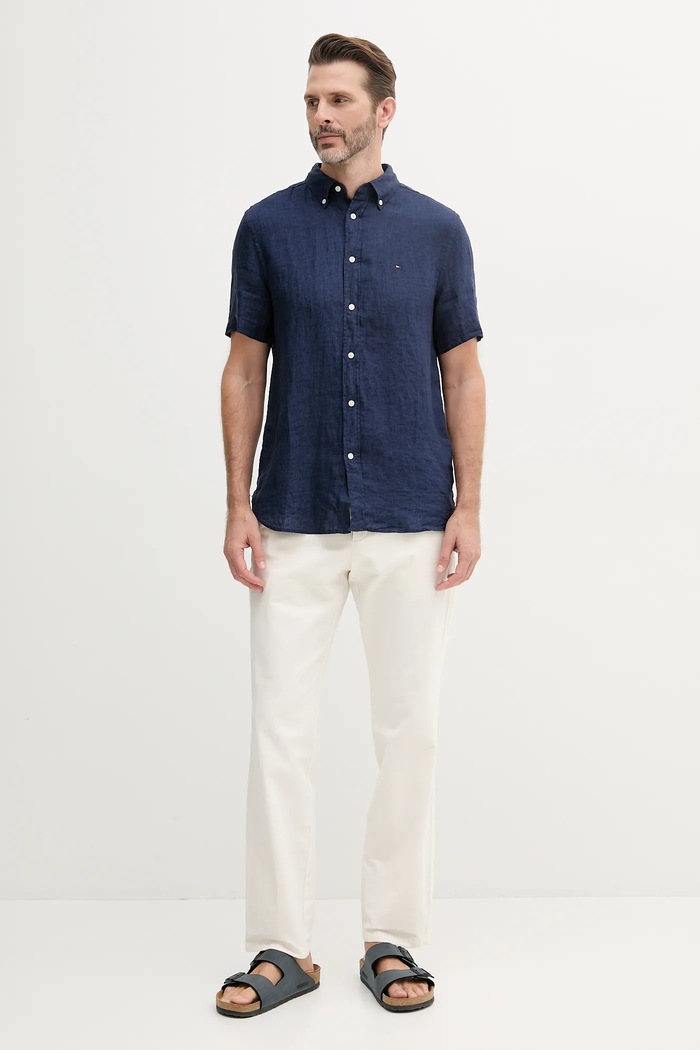 Lanena košulja Tommy Hilfiger MW0MW35207 mornarsko plava SS25