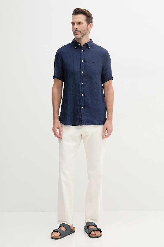 Lanena košulja Tommy Hilfiger MW0MW35207 mornarsko plava SS25