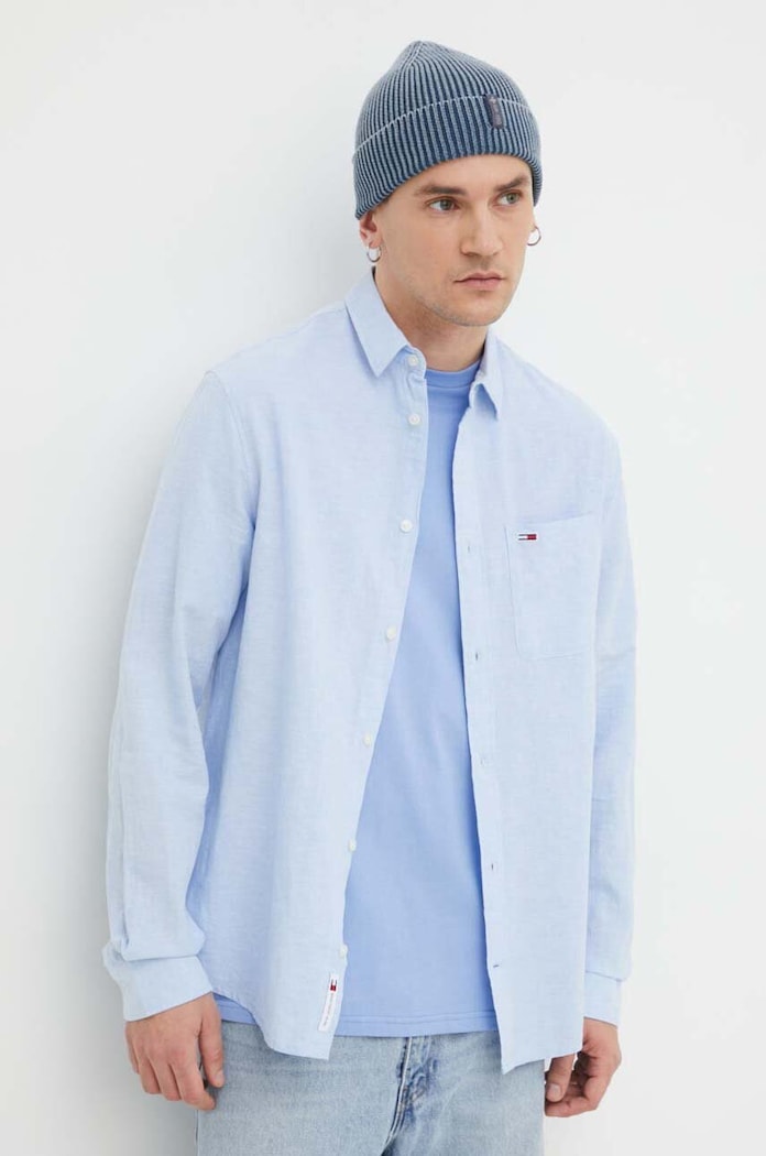 Tommy Jeans koszula z domieszką lnu regular niebieski DM0DM18962