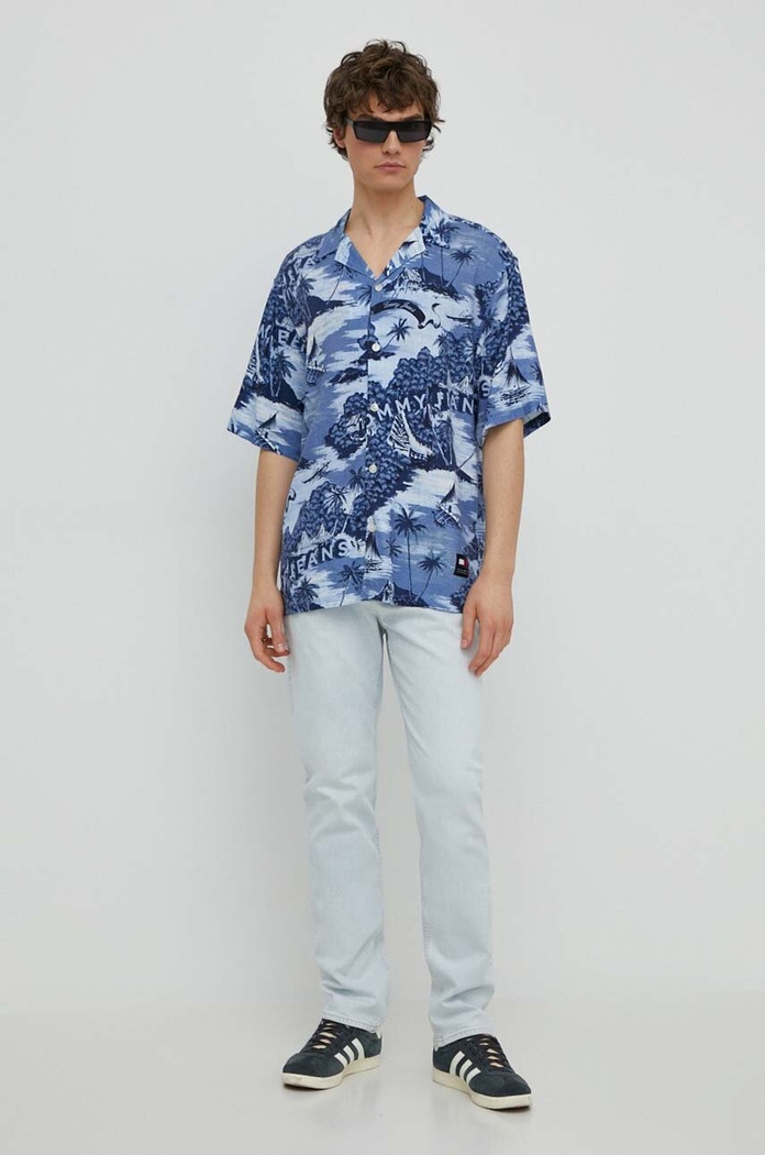Košile s příměsí lnu Tommy Jeans s příměsí lnu modrá DM0DM18950