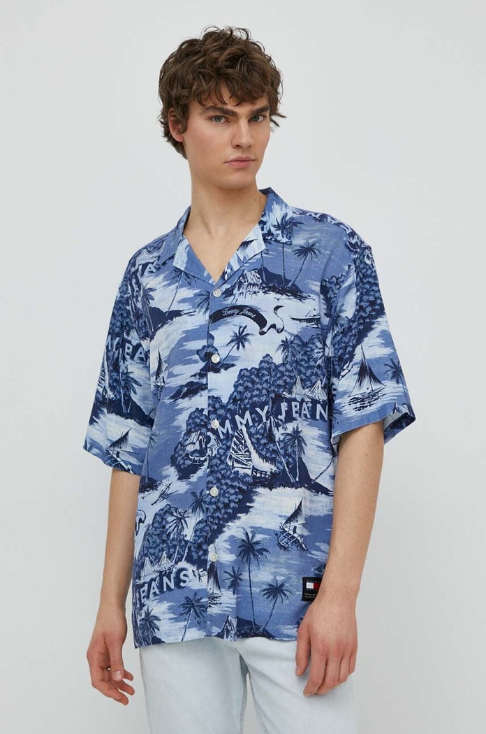Košile s příměsí lnu Tommy Jeans DM0DM18950 modrá SS24