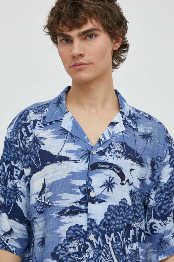 Košile s příměsí lnu Tommy Jeans modrá DM0DM18950