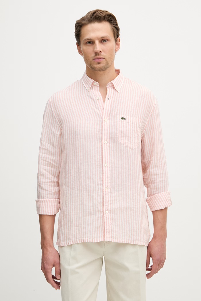 Lacoste πουκάμισο λινό ανδρικό ροζ CH6985