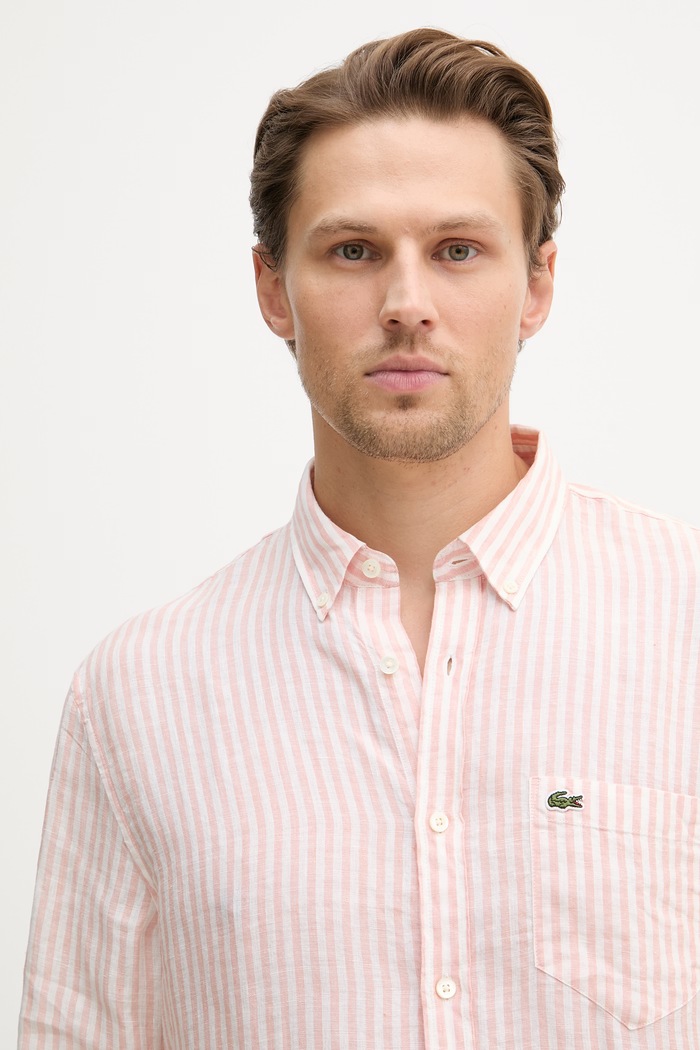 Lacoste πουκάμισο λινό ανδρικό ροζ CH6985