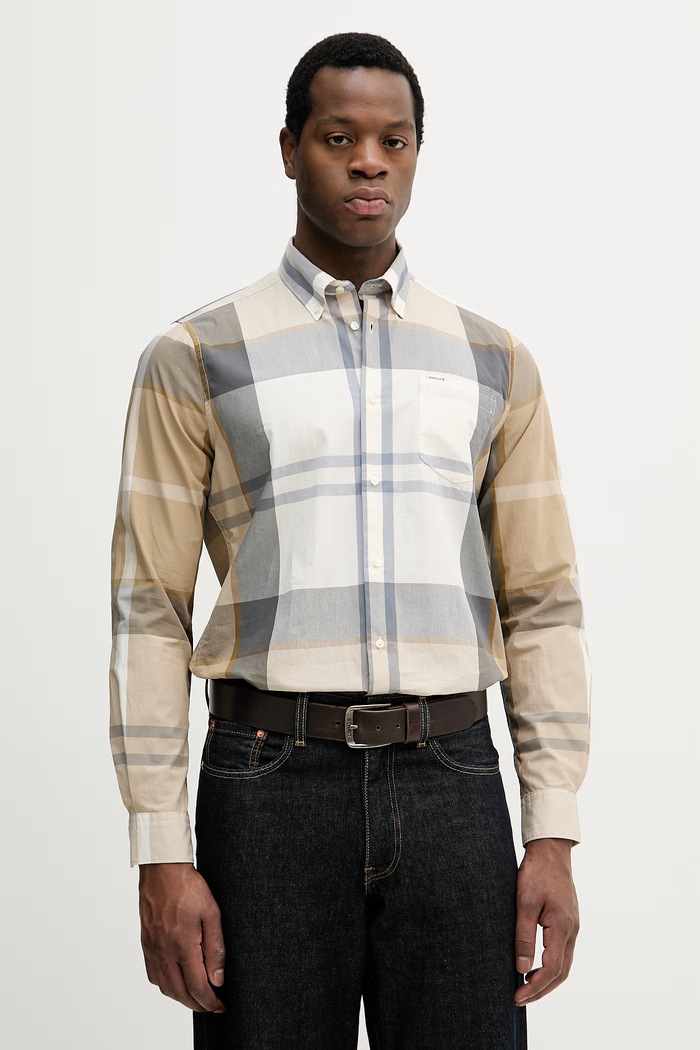 Barbour πουκάμισο ανδρικό βαμβακερό Harris Tailored Shirt με ένα κουμπί μπεζ MSH5071