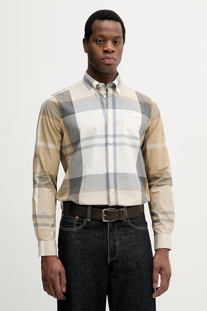 Barbour πουκάμισο ανδρικό βαμβακερό Harris Tailored Shirt με ένα κουμπί μπεζ MSH5071