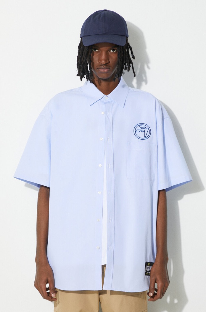Bavlnená košeľa AMBUSH Emblem Striped S/S Shirt pásiky modrá BMGG001S24FAB0024445