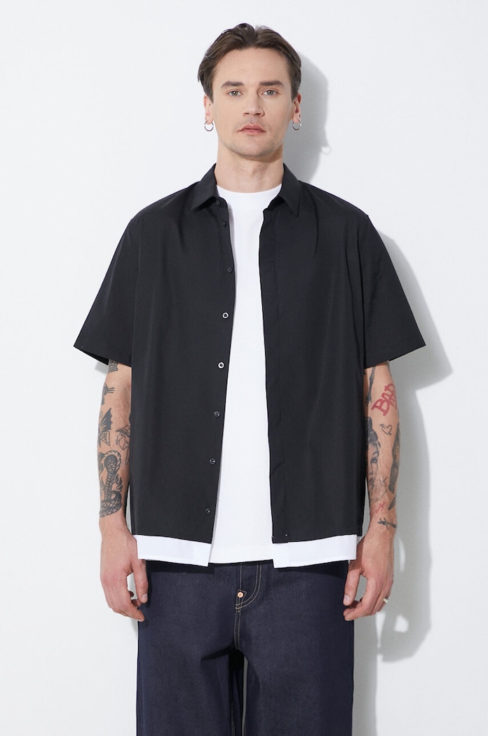 Βαμβακερό πουκάμισο Neil Barrett Loose Double Layer Short Sleeve Shirt κανονικό μαύρο MY60218C.Y051.524N