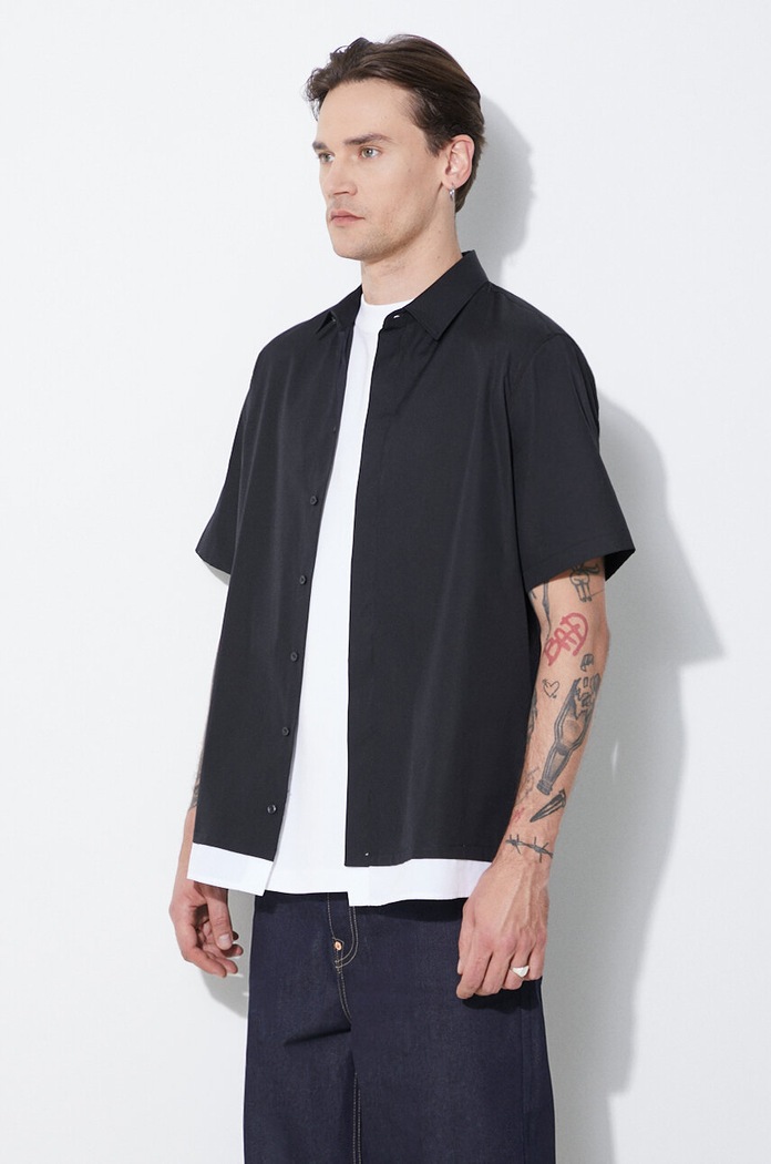 Βαμβακερό πουκάμισο Neil Barrett Loose Double Layer Short Sleeve Shirt μαύρο MY60218C.Y051.524N