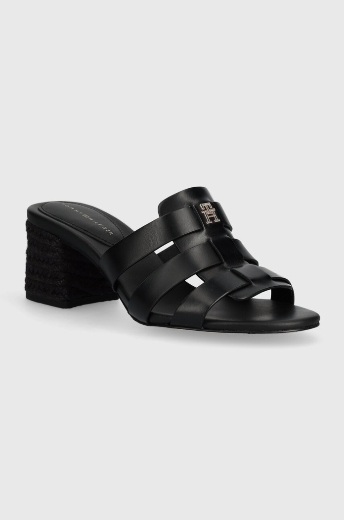 Tommy Hilfiger klapki skórzane BLOCK MID HEEL LEATHER SANDAL słupek czarny FW0FW08049
