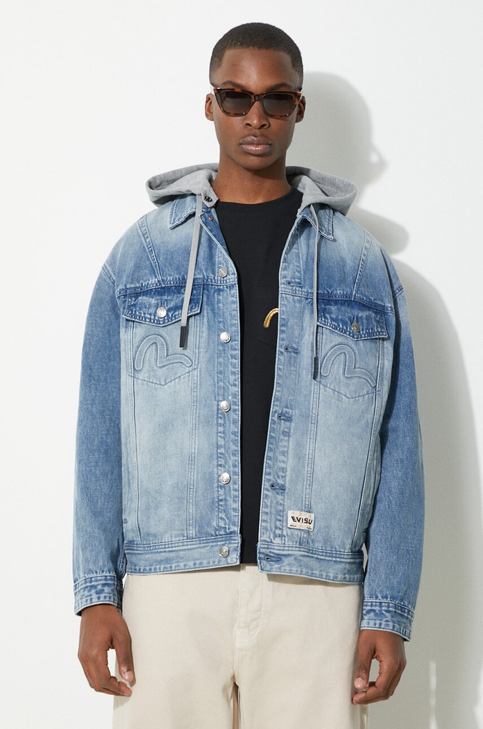 Rifľová bunda Evisu Seagull & Evisu Embossed s kapucňou modrá 2ESHTM4DJ8080