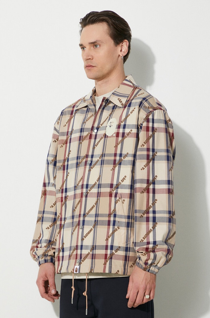 A Bathing Ape kurtka bawełniana A Bathing Ape Logo Check Pattern Coach Jacket beżowy 1J80140052