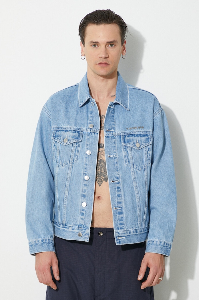A Bathing Ape giacca di jeans Metal Logo Pin Denim Jacket non isolato blu 1J80140056