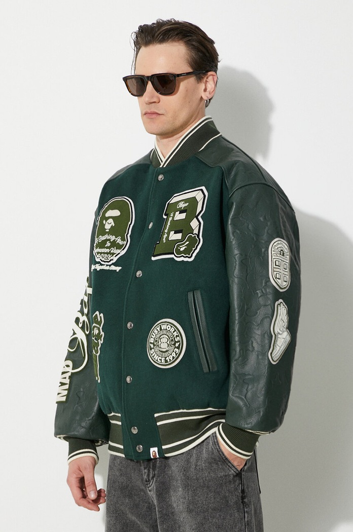 Вовняна куртка-бомбер A Bathing Ape Bape Patch Coach Jacket зелений 1J80141058
