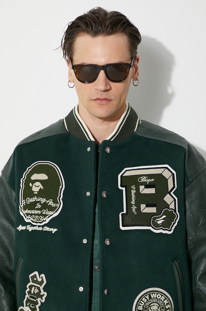 Вовняна куртка-бомбер A Bathing Ape Bape Patch Coach Jacket 1J80141058 зелений