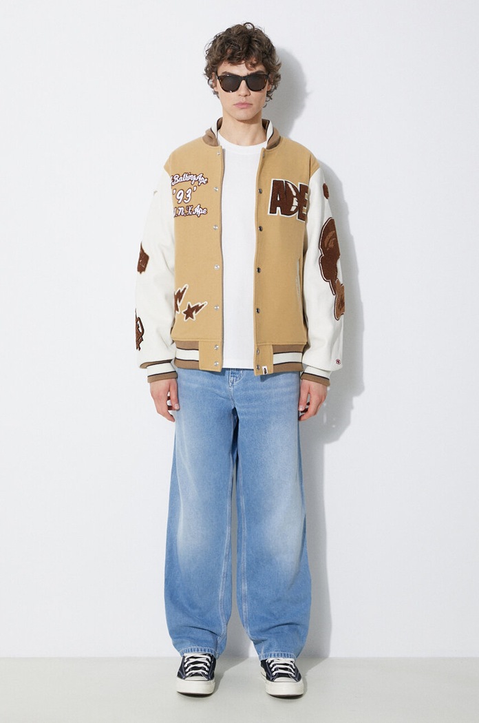 A Bathing Ape kurtka bomber wełniana Bape Multi Motif Varsity 1J80141001 beżowy SS24