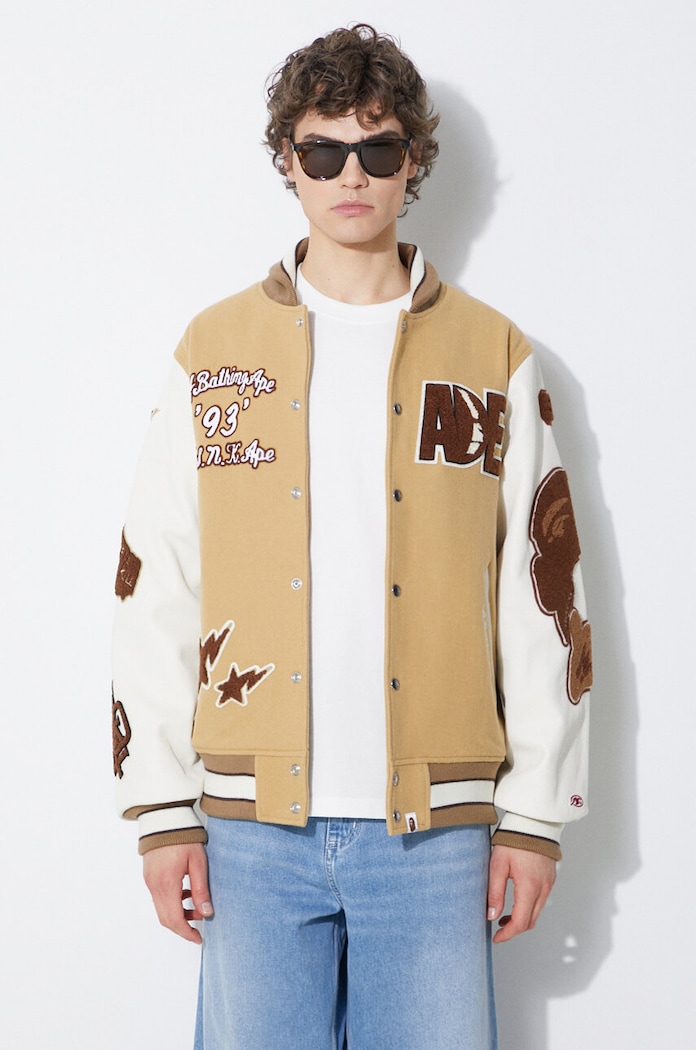 Odzież A Bathing Ape kurtka bomber wełniana Bape Multi Motif Varsity 1J80141001 beżowy