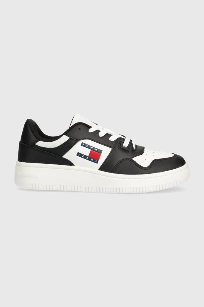 Kožené tenisky Tommy Jeans TJW RETRO BASKET ESS plochá čierna EN0EN02505
