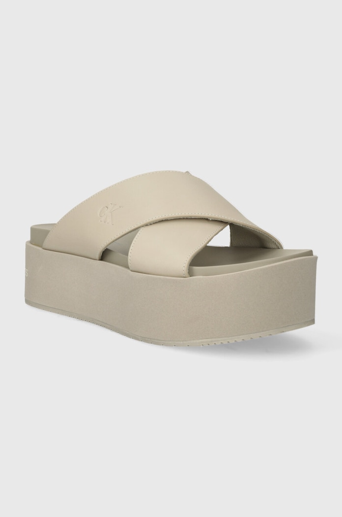 Calvin Klein Jeans klapki skórzane FLATFORM CROSS MG UC YW0YW01349 beżowy SS25