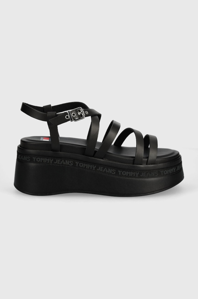Tommy Jeans sandały skórzane TJW STRAPPY WEDGE SANDAL EN0EN02516 czarny SS24