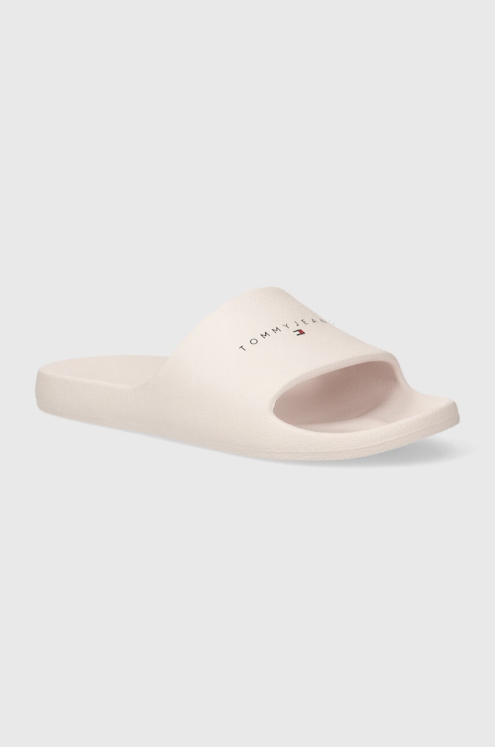 Παντόφλες Tommy Jeans TJW PRINTED PU POOL SLIDE φλατ μπεζ EN0EN02693