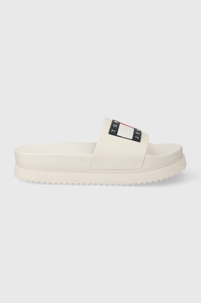 Pantofle Tommy Jeans TJW ELEVATED FLATFORM SLIDE platforma béžová EN0EN02451