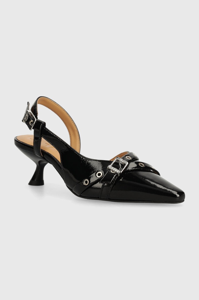 GANNI szpilki Eyelets Open Kitten Heel Pump Naplack imitacja skóry lakierowanej czarny S2638