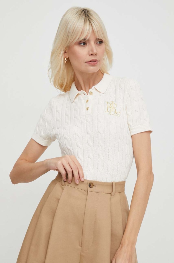 Lauren Ralph Lauren sweter z krótkim rękawem damski bawełniany bawełna beżowy 200932224