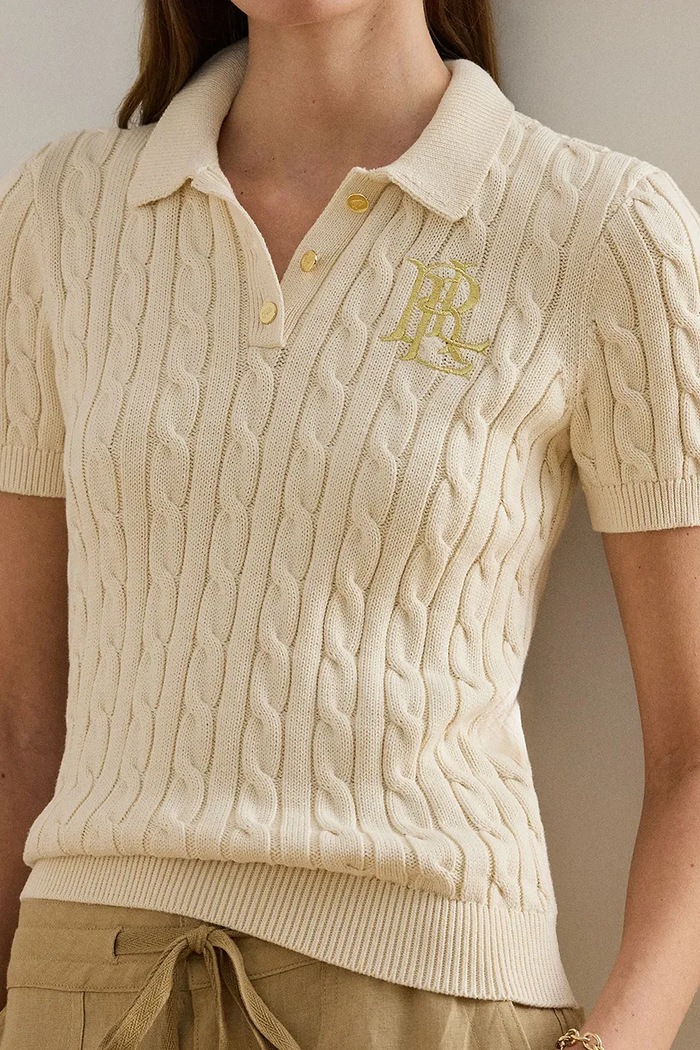 Lauren Ralph Lauren sweter z krótkim rękawem damski bawełniany beżowy 200932224