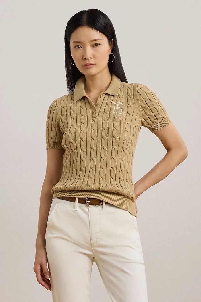 Lauren Ralph Lauren pulover cu mânecă scurtă pentru femei, din bumbac bej 200932224