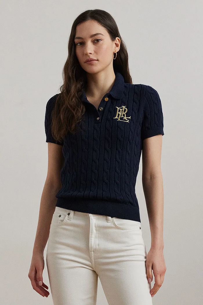 Lauren Ralph Lauren sweter z krótkim rękawem damski bawełniany granatowy 200932224