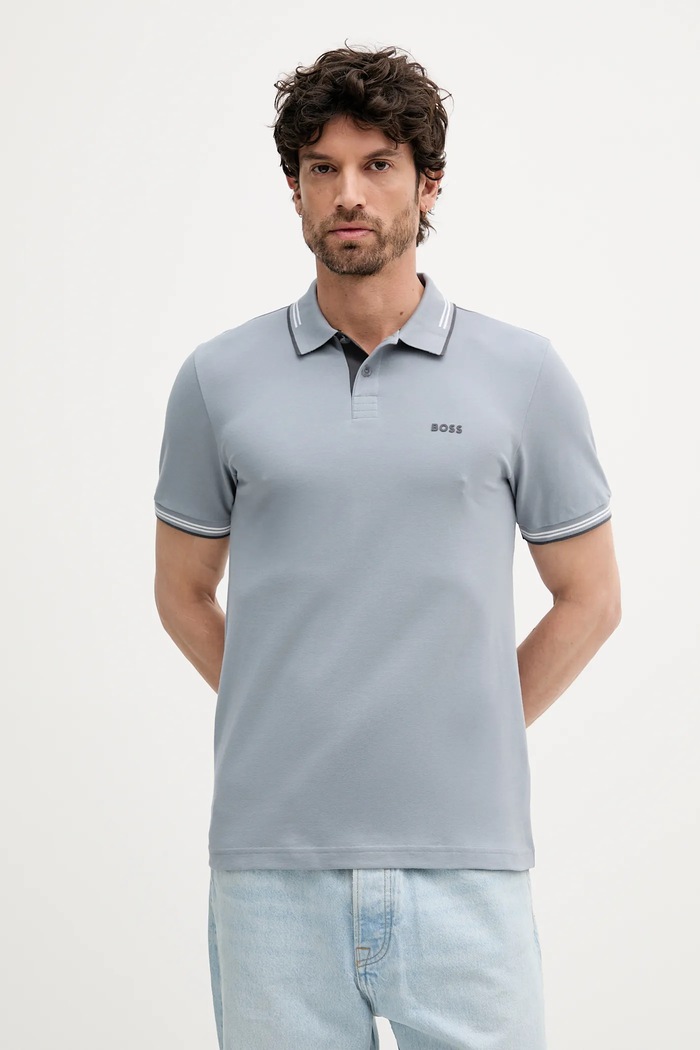 BOSS Green polo męskie z bawełną Paul nadruk szary 50506193
