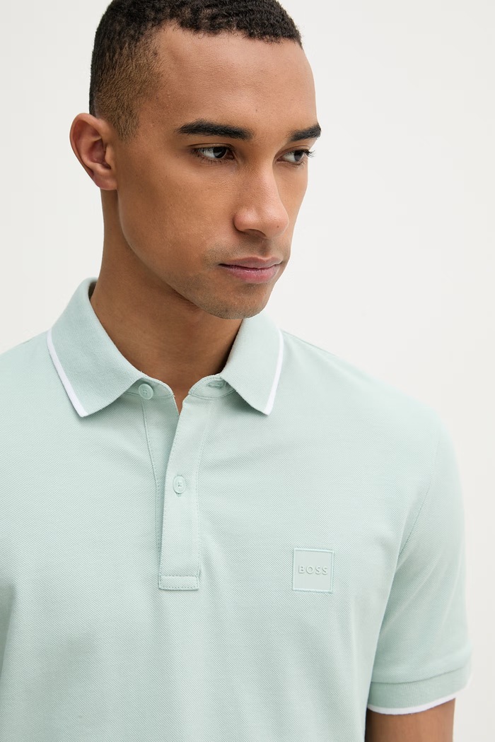 BOSS Orange polo męskie bawełniane z elastanem Passertip turkusowy 50507699