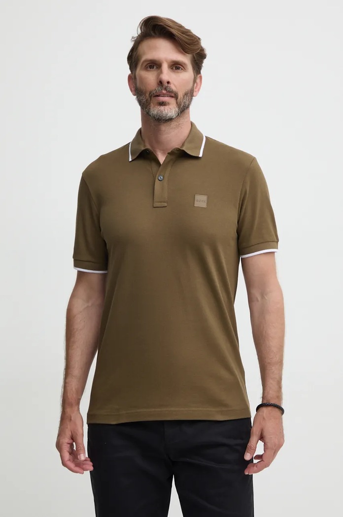 BOSS Orange polo tričko pánske bavlnené s elastanom Passertip zelená 50507699
