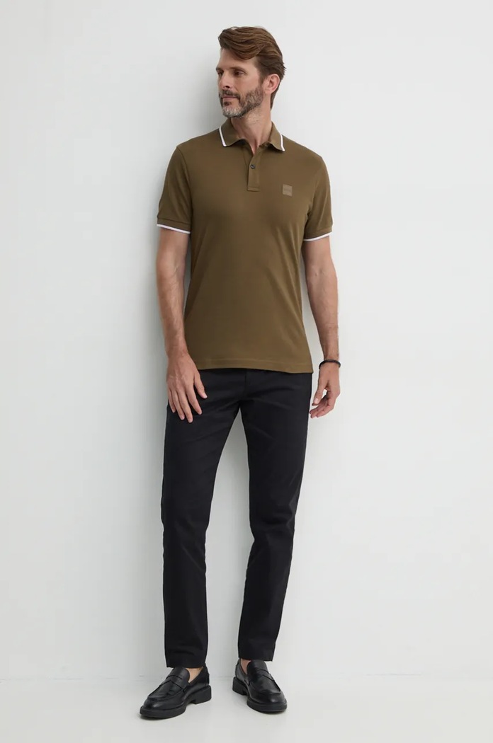 BOSS Orange polo tričko pánske bavlnené s elastanom Passertip 50507699 zelená SS26