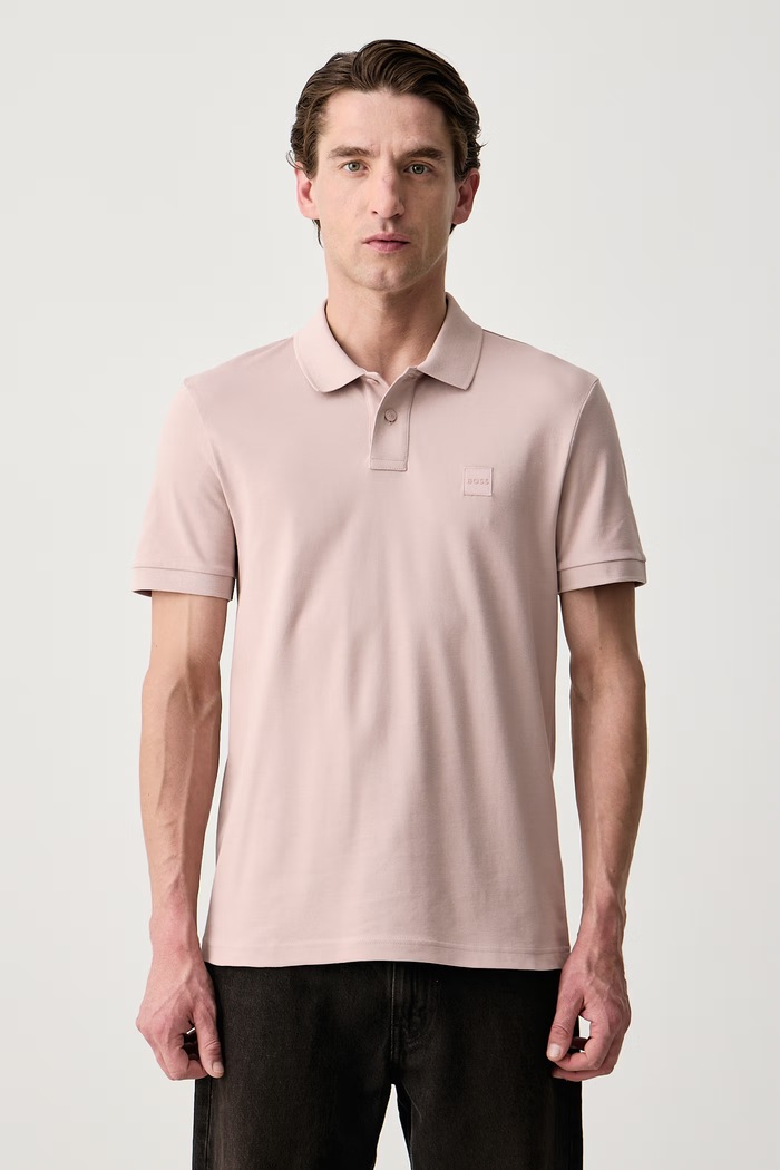 BOSS Orange Polo męskie bawełniane z elastanem Passenger beżowy 50507803