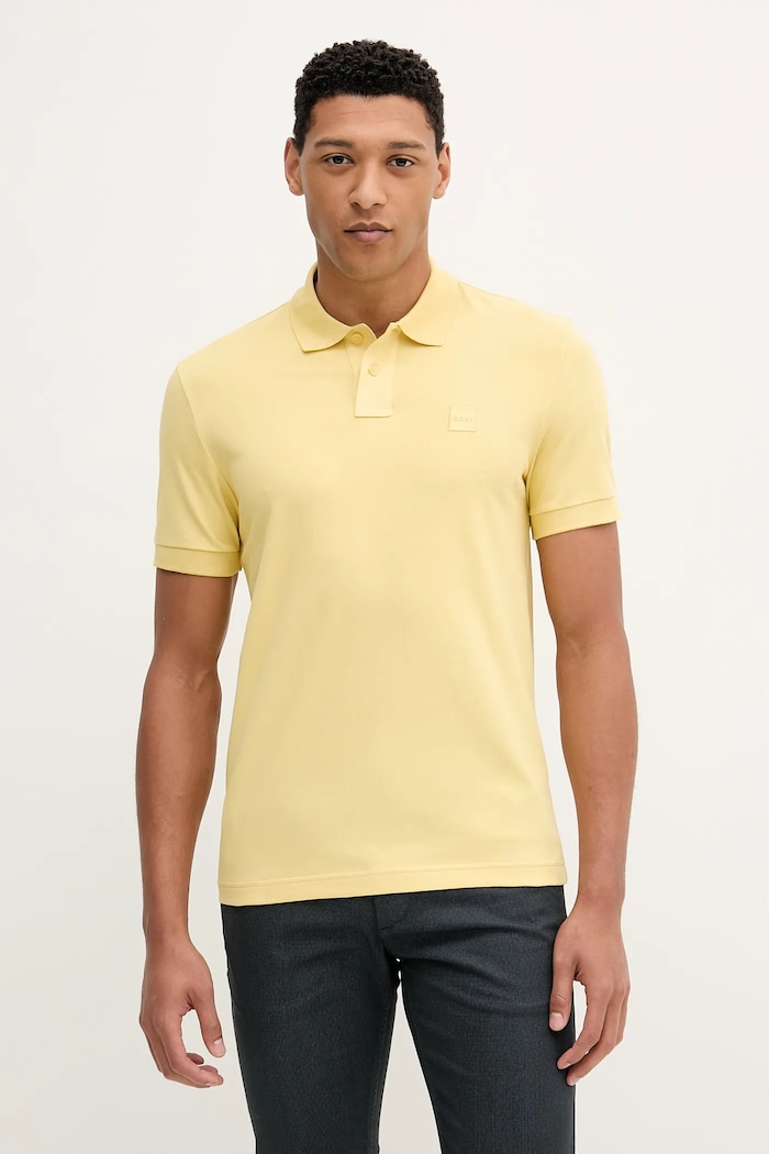 BOSS Orange polo tričko pánske bavlnené s elastanom Passenger slim žltá 50507803