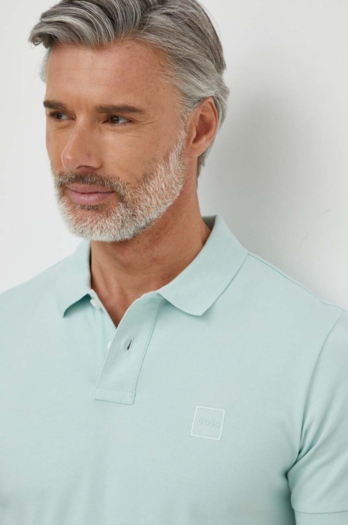 BOSS Orange polo pánské bavlněné s elastanem Passenger slim tyrkysová 50507803