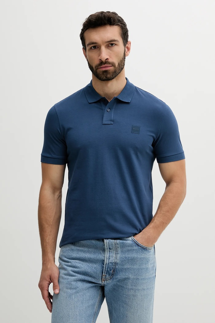 BOSS Orange polo tričko pánske bavlnené s elastanom Passenger slim modrá 50507803