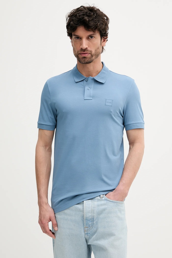 BOSS Orange Polo męskie bawełniane z elastanem Passenger niebieski 50507803
